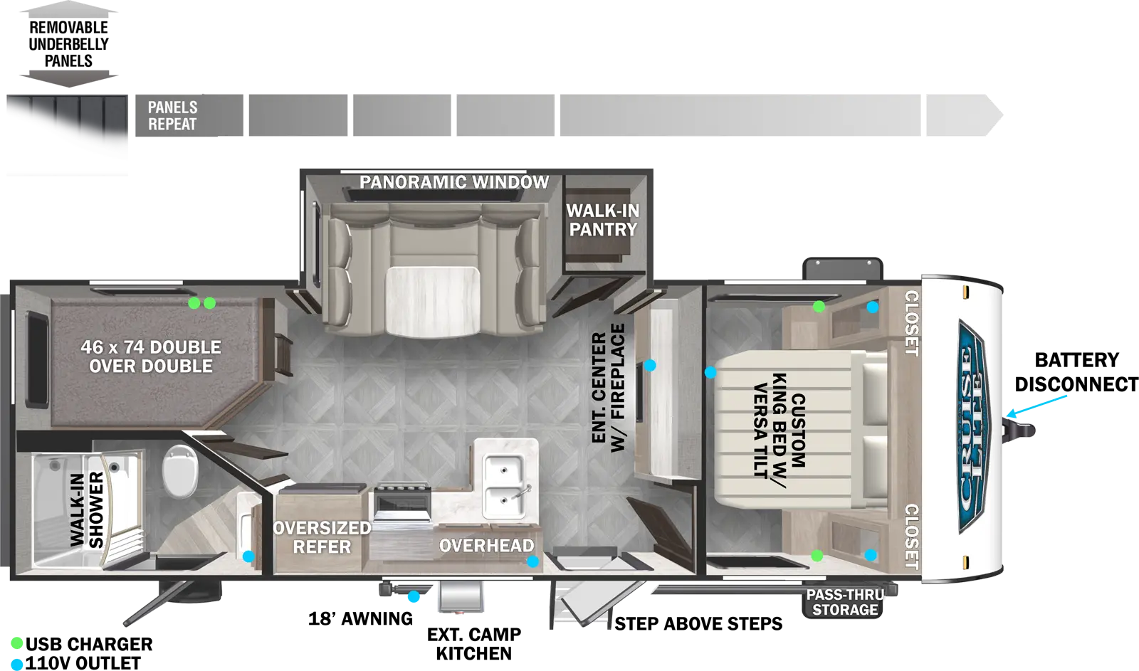 The 240BHXL has one slideout and two entries. Exterior features include an 18 foot awning, exterior camp kitchen, step above front entry steps front pass-thru storage, battery disconnect, and removable underbelly panels. Interior layout front to back: versa-tilt custom king bed with closets on each side; entertainment center with fireplace below along inner wall; off-door side slideout with walk-in pantry, u-dinette and panoramic window; door side entry, and kitchen with peninsula countertop sink, overhead cabinet, and oversized refrigerator; rear off-door side double over double bunk beds; rear door side full bathroom with walk-in shower and second entry.